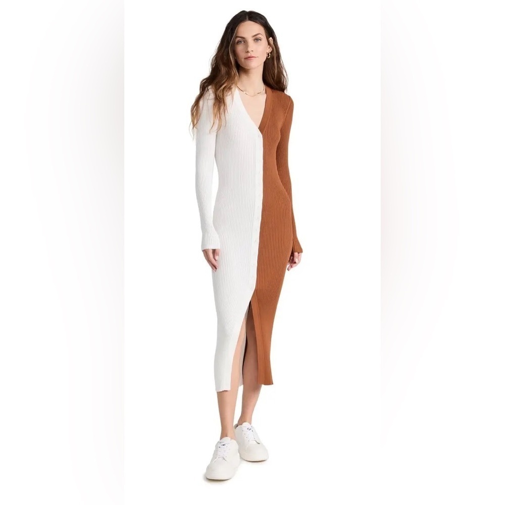 STAUD Shoko Sweater Midi Dress, Tan/White, Size S